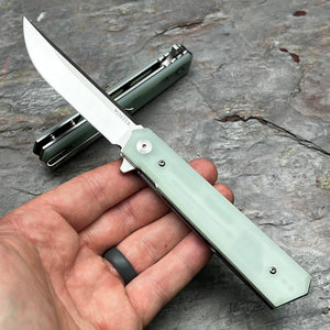 APACHE: Jade G10 Handles, 9Cr18MoV Straight Back Blade, Fast Open Ball Bearing Flipper System, EDC Folding Pocket Knife