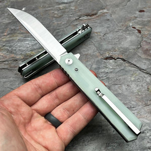 APACHE: Jade G10 Handles, 9Cr18MoV Straight Back Blade, Fast Open Ball Bearing Flipper System, EDC Folding Pocket Knife