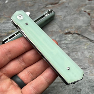 APACHE: Jade G10 Handles, 9Cr18MoV Straight Back Blade, Fast Open Ball Bearing Flipper System, EDC Folding Pocket Knife