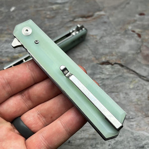 APACHE: Jade G10 Handles, 9Cr18MoV Straight Back Blade, Fast Open Ball Bearing Flipper System, EDC Folding Pocket Knife