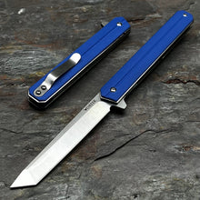 Load image into Gallery viewer, SKYLINE: Blue G10 Handles, Slim Executive Design, D2 Tanto Blade, Fast Opening Ball Bearing Flipper Blade, EDC Folding Pocket Knife