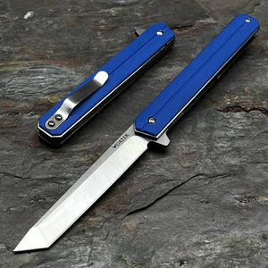 SKYLINE: Blue G10 Handles, Slim Executive Design, D2 Tanto Blade, Fast Opening Ball Bearing Flipper Blade, EDC Folding Pocket Knife