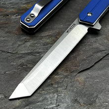 Load image into Gallery viewer, SKYLINE: Blue G10 Handles, Slim Executive Design, D2 Tanto Blade, Fast Opening Ball Bearing Flipper Blade, EDC Folding Pocket Knife