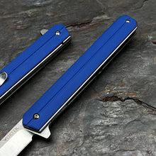 Load image into Gallery viewer, SKYLINE: Blue G10 Handles, Slim Executive Design, D2 Tanto Blade, Fast Opening Ball Bearing Flipper Blade, EDC Folding Pocket Knife