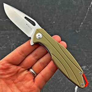 PELICAN: Tan G10 Handles, D2 Drop Point Blade,  Ball Bearing Flipper System