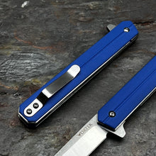 Load image into Gallery viewer, SKYLINE: Blue G10 Handles, Slim Executive Design, D2 Tanto Blade, Fast Opening Ball Bearing Flipper Blade, EDC Folding Pocket Knife