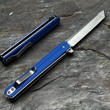 Load image into Gallery viewer, SKYLINE: Blue G10 Handles, Slim Executive Design, D2 Tanto Blade, Fast Opening Ball Bearing Flipper Blade, EDC Folding Pocket Knife