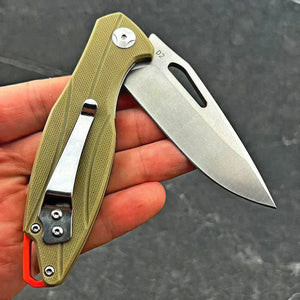 PELICAN: Tan G10 Handles, D2 Drop Point Blade,  Ball Bearing Flipper System