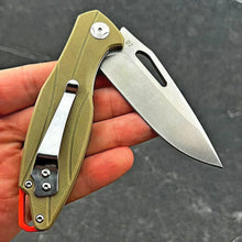 Load image into Gallery viewer, PELICAN: Tan G10 Handles, D2 Drop Point Blade,  Ball Bearing Flipper System