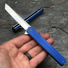 Load image into Gallery viewer, SKYLINE: Blue G10 Handles, Slim Executive Design, D2 Tanto Blade, Fast Opening Ball Bearing Flipper Blade, EDC Folding Pocket Knife