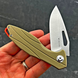 PELICAN: Tan G10 Handles, D2 Drop Point Blade,  Ball Bearing Flipper System