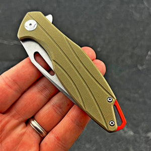 PELICAN: Tan G10 Handles, D2 Drop Point Blade,  Ball Bearing Flipper System