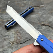 Load image into Gallery viewer, SKYLINE: Blue G10 Handles, Slim Executive Design, D2 Tanto Blade, Fast Opening Ball Bearing Flipper Blade, EDC Folding Pocket Knife