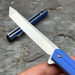 SKYLINE: Blue G10 Handles, Slim Executive Design, D2 Tanto Blade, Fast Opening Ball Bearing Flipper Blade, EDC Folding Pocket Knife