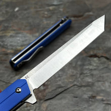 Load image into Gallery viewer, SKYLINE: Blue G10 Handles, Slim Executive Design, D2 Tanto Blade, Fast Opening Ball Bearing Flipper Blade, EDC Folding Pocket Knife