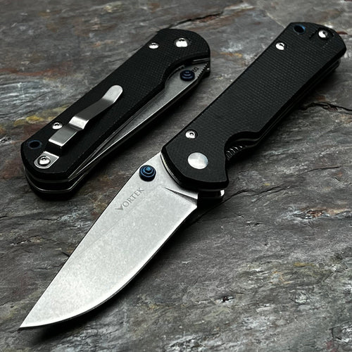 OTIS: Black Micarta Handles, D2 Drop Point Blade, Thumb Stud Opening, EDC Folding Pocket Knife