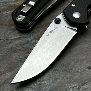 OTIS: Black Micarta Handles, D2 Drop Point Blade, Thumb Stud Opening, EDC Folding Pocket Knife