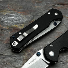 Load image into Gallery viewer, OTIS: Black Micarta Handles, D2 Drop Point Blade, Thumb Stud Opening, EDC Folding Pocket Knife