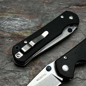 OTIS: Black Micarta Handles, D2 Drop Point Blade, Thumb Stud Opening, EDC Folding Pocket Knife