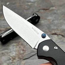 Load image into Gallery viewer, OTIS: Black Micarta Handles, D2 Drop Point Blade, Thumb Stud Opening, EDC Folding Pocket Knife