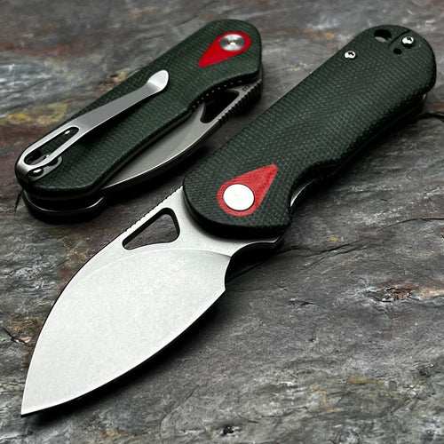 STUBBY:  Green Micarta Handles, D2 Drop Point Blade, Deep Carry Pocket Clip, Small EDC Folding Pocket Knife