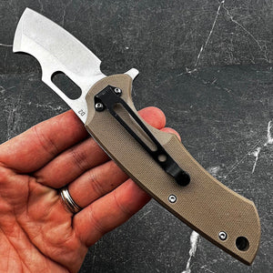 RHINO: D2 Cleaver Blade, Desert Tan G10 Handles, Ball Bearing Flipper Pivot System