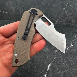 RHINO: D2 Cleaver Blade, Desert Tan G10 Handles, Ball Bearing Flipper Pivot System