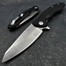 Load image into Gallery viewer, BRIGADE: Large D2 Drop Point Blade, Black G10 Handles,  Fast Open Ball Bearing Pivot System