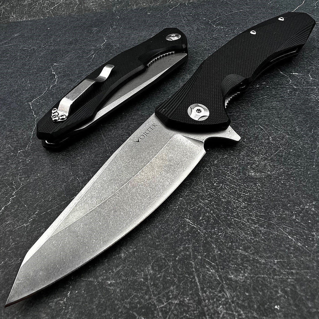 BRIGADE: Large D2 Drop Point Blade, Black G10 Handles,  Fast Open Ball Bearing Pivot System