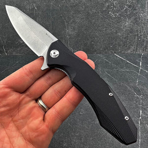 BRIGADE: Large D2 Drop Point Blade, Black G10 Handles,  Fast Open Ball Bearing Pivot System