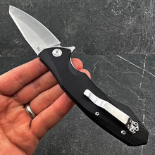 Load image into Gallery viewer, BRIGADE: Large D2 Drop Point Blade, Black G10 Handles,  Fast Open Ball Bearing Pivot System