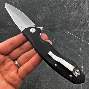 BRIGADE: Large D2 Drop Point Blade, Black G10 Handles,  Fast Open Ball Bearing Pivot System