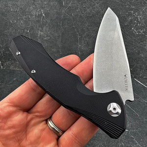 BRIGADE: Large D2 Drop Point Blade, Black G10 Handles,  Fast Open Ball Bearing Pivot System