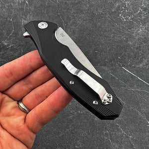 BRIGADE: Large D2 Drop Point Blade, Black G10 Handles,  Fast Open Ball Bearing Pivot System