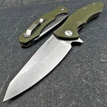 Load image into Gallery viewer, BRIGADE: Large D2 Drop Point Blade, Green G10 Handles,  Fast Open Ball Bearing Flipper System