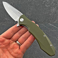 Load image into Gallery viewer, BRIGADE: Large D2 Drop Point Blade, Green G10 Handles,  Fast Open Ball Bearing Flipper System