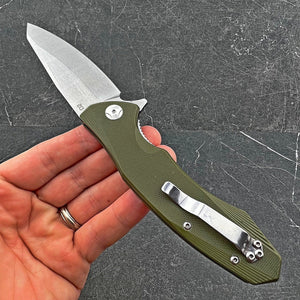 BRIGADE: Large D2 Drop Point Blade, Green G10 Handles,  Fast Open Ball Bearing Flipper System