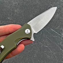 Load image into Gallery viewer, BRIGADE: Large D2 Drop Point Blade, Green G10 Handles,  Fast Open Ball Bearing Flipper System