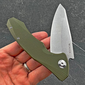 BRIGADE: Large D2 Drop Point Blade, Green G10 Handles,  Fast Open Ball Bearing Flipper System