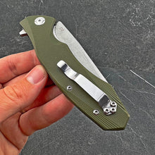 Load image into Gallery viewer, BRIGADE: Large D2 Drop Point Blade, Green G10 Handles,  Fast Open Ball Bearing Flipper System