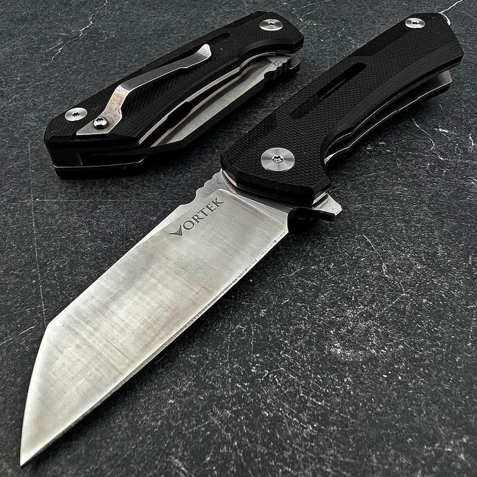 TADPOLE:  Black G10 Handles, D2 Sheepsfoot Blade,  Ball Bearing Flipper System