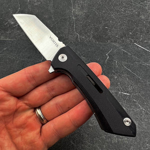 TADPOLE:  Black G10 Handles, D2 Sheepsfoot Blade,  Ball Bearing Flipper System