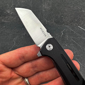 TADPOLE:  Black G10 Handles, D2 Sheepsfoot Blade,  Ball Bearing Flipper System