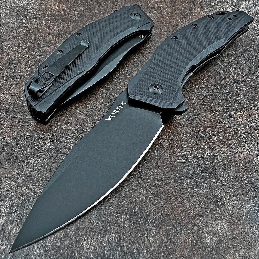 GROWLER: Black Oxide D2 Drop Point Blade, Black G10 Handles, Ball Bearing Flipper System