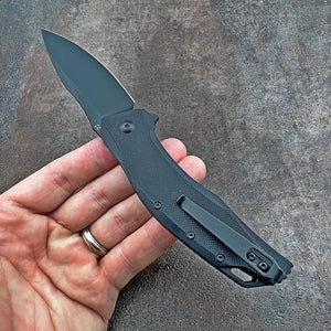 GROWLER: Black Oxide D2 Drop Point Blade, Black G10 Handles, Ball Bearing Flipper System