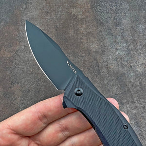 GROWLER: Black Oxide D2 Drop Point Blade, Black G10 Handles, Ball Bearing Flipper System