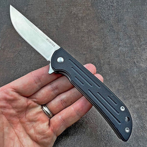 MALLARD:  D2 Straight Back Blade, Black G10 Handles,  Ball Bearing Flipper System