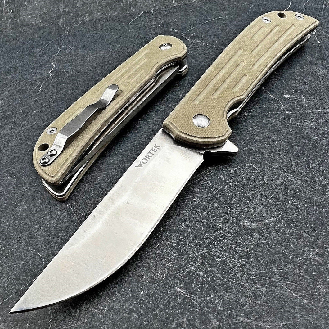 MALLARD:  Straight Back D2 Blade,  Desert Tan G10 Handles,  Fast Open Ball Bearing Pivot System