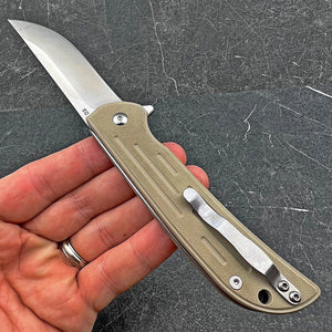 MALLARD:  Straight Back D2 Blade,  Desert Tan G10 Handles,  Fast Open Ball Bearing Pivot System