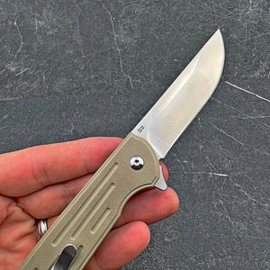 MALLARD:  Straight Back D2 Blade,  Desert Tan G10 Handles,  Fast Open Ball Bearing Pivot System